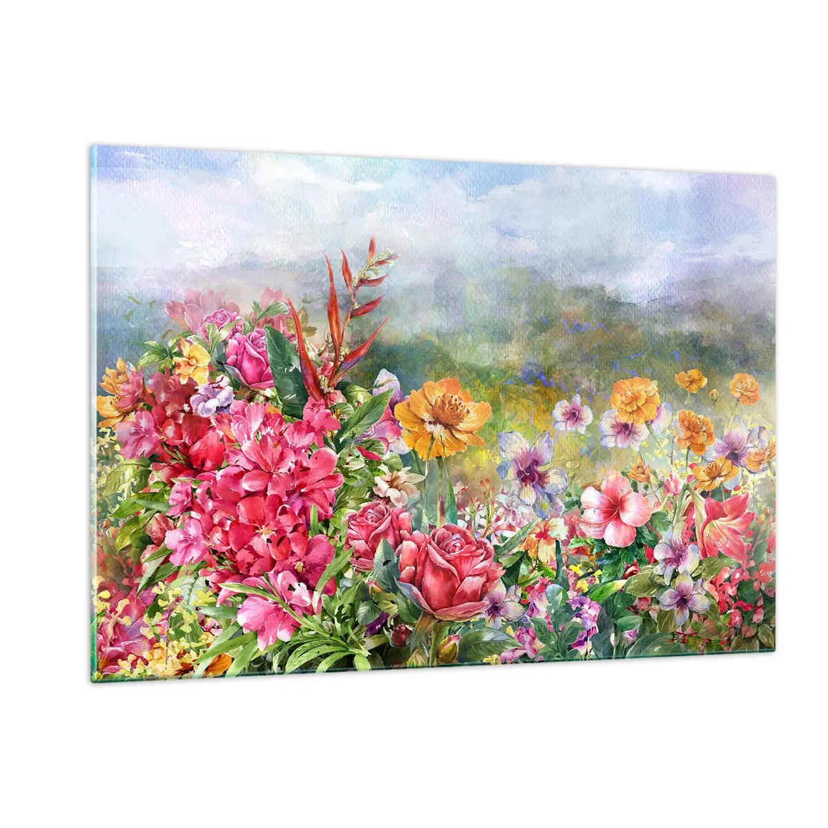 Glasbild - Bild auf glas - Ein Strauß bunter Blumen vor einer malerischen Landschaft - 120x80cm - Ein Garten, der verrückt geworden ist - Moderne Wanddekoration für Wohnzimmer und Schlafzimmer ARTTOR