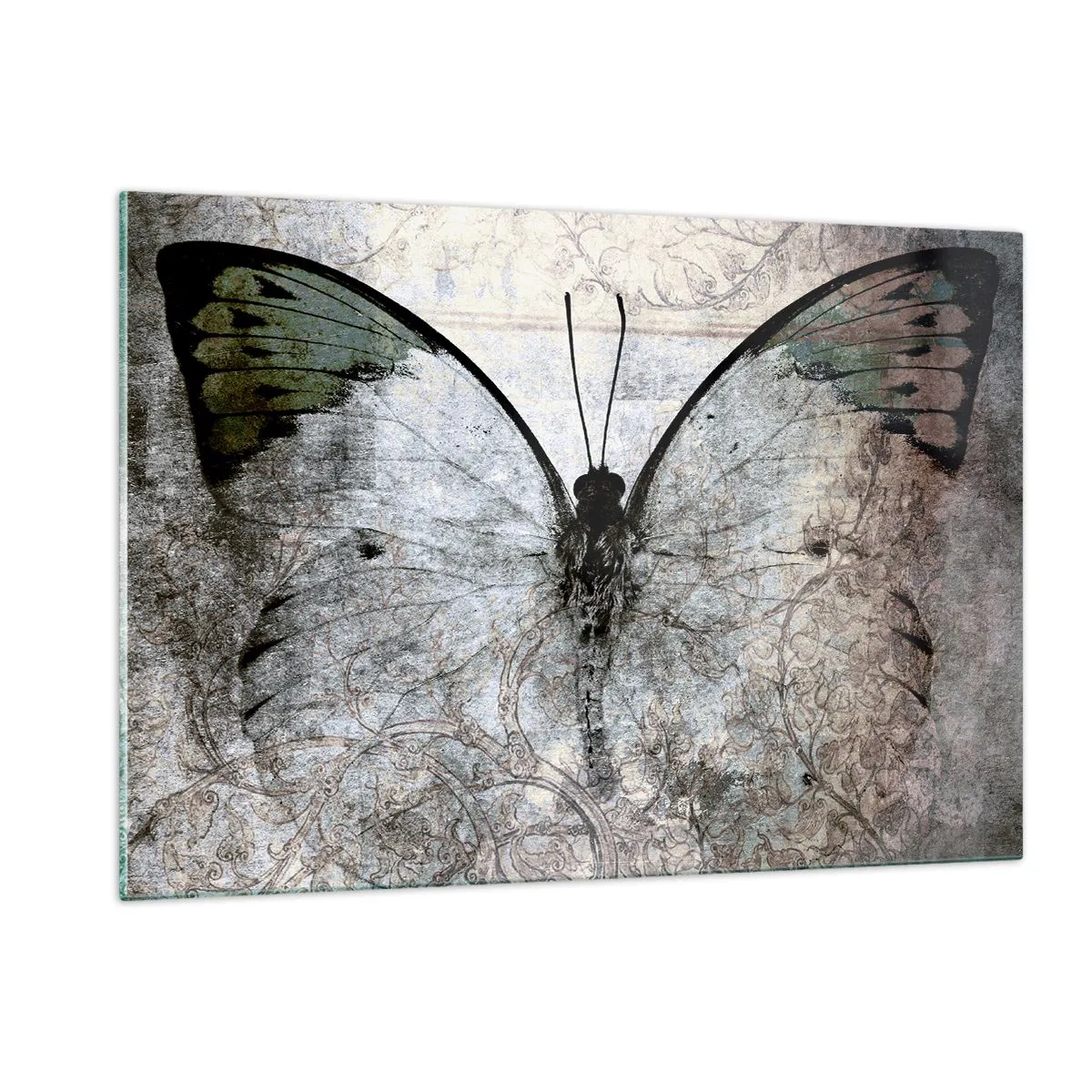 Glasbild - Bild auf glas - Abstrakter Schmetterling auf dem Hintergrund eines alten Ornaments - 120x80cm - Im Jugendstil - Moderne Wanddekoration für Wohnzimmer und Schlafzimmer ARTTOR