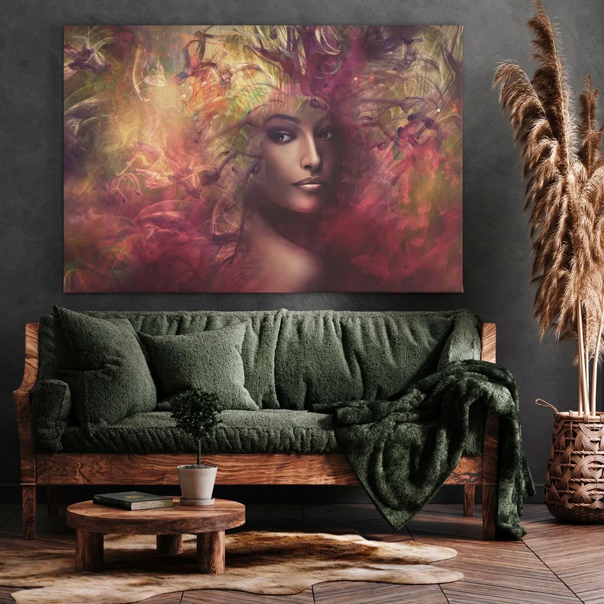 Bild auf Leinwand - Leinwandbild - Eine Frau in abstrakten Farben, die einen dynamischen Hintergrund schafft - 120x80cm - Ich bin hier! - Moderne Wanddekoration für Wohnzimmer und Schlafzimmer ARTTOR