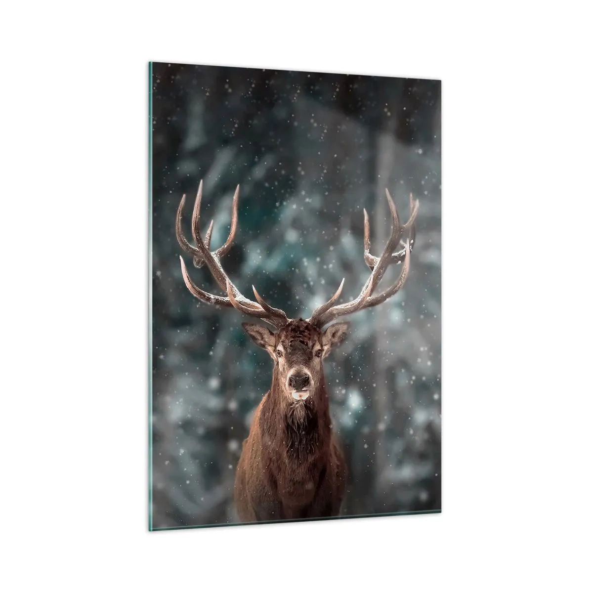Glasbild - Bild auf glas - Ein stolzer Hirsch in einem Winterwald inmitten fallenden Schnees - 50x70cm - Gekrönter König des Waldes - Moderne Wanddekoration für Wohnzimmer und Schlafzimmer ARTTOR