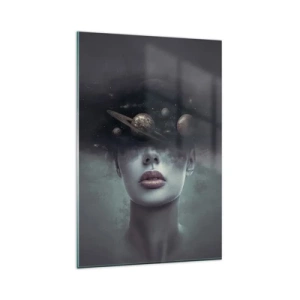 Glasbild - Bild auf glas - Ein Frauengesicht mit einem Planeten- und Weltraummotiv im Hintergrund - 80x120cm - Und die Planeten spielen verrückt ... - Moderne Wanddekoration für Wohnzimmer und Schlafzimmer ARTTOR