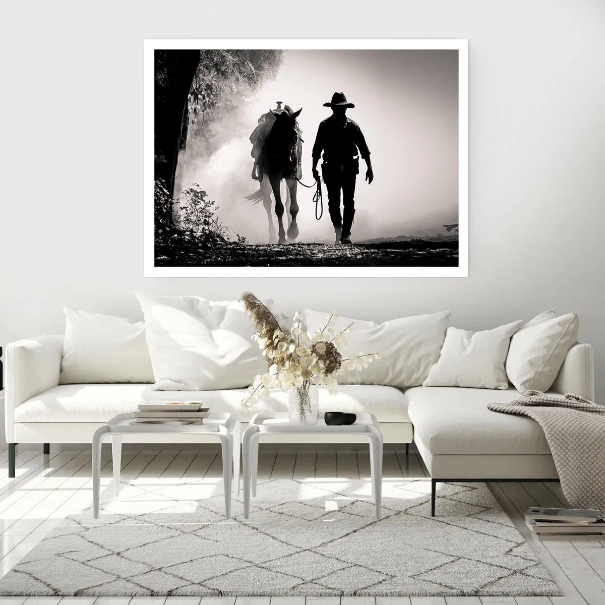 Poster - Cowboy mit Pferd im Morgennebel - 100x70cm - Texas-Morgen - Moderne Wanddekoration für Wohnzimmer und Schlafzimmer ARTTOR