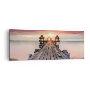 Bild auf Leinwand - Leinwandbild - Holzsteg führt zu Pavillons bei Sonnenuntergang - 140x50cm - Westen im Osten - Moderne Wanddekoration für Wohnzimmer und Schlafzimmer ARTTOR