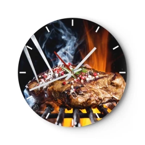 Wanduhr - Glasuhr - Saftiges Steak auf dem Grill mit Feuer im Hintergrund - 30x30cm - Saftig und duftend - Moderne Wanddekoration für Wohnzimmer, Küche und Schlafzimmer ARTTOR