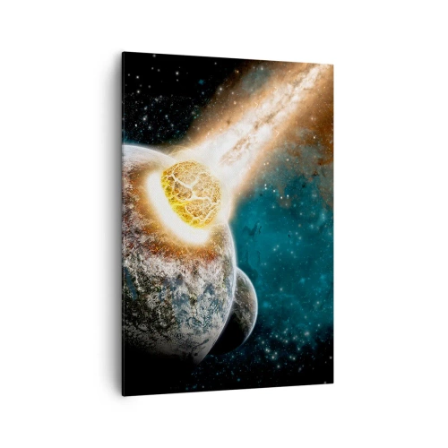 Bild auf Leinwand - Leinwandbild - Kosmische Kollision eines Planeten mit einem Asteroiden in der Nähe der Galaxie. - 70x100cm - Holocaust oder Geburt? - Moderne Wanddekoration für Wohnzimmer und Schlafzimmer ARTTOR