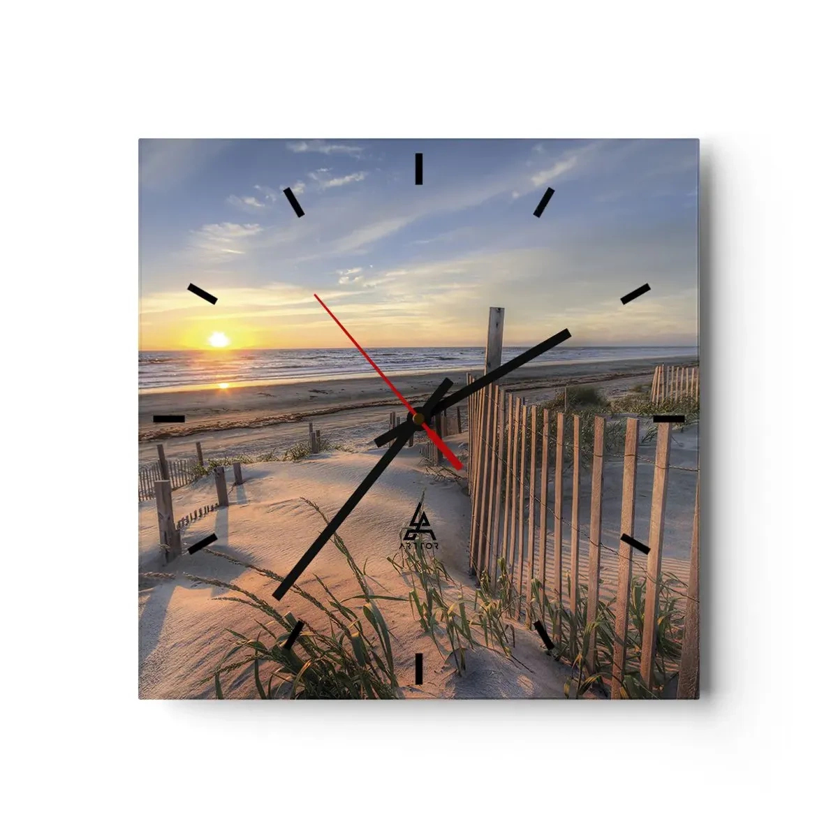 Wanduhr - Glasuhr - Sonnenuntergangsstrand mit Holzzaun - 30x30cm - Schein und Schatten des Windes - Moderne Wanddekoration für Wohnzimmer und Schlafzimmer ARTTOR