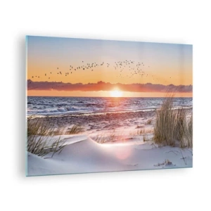 Glasbild - Bild auf glas - Sonnenuntergang über dem Meer mit Vögeln und Sanddünen - 70x50cm - Horizontale Landschaft - Moderne Wanddekoration für Wohnzimmer und Schlafzimmer ARTTOR
