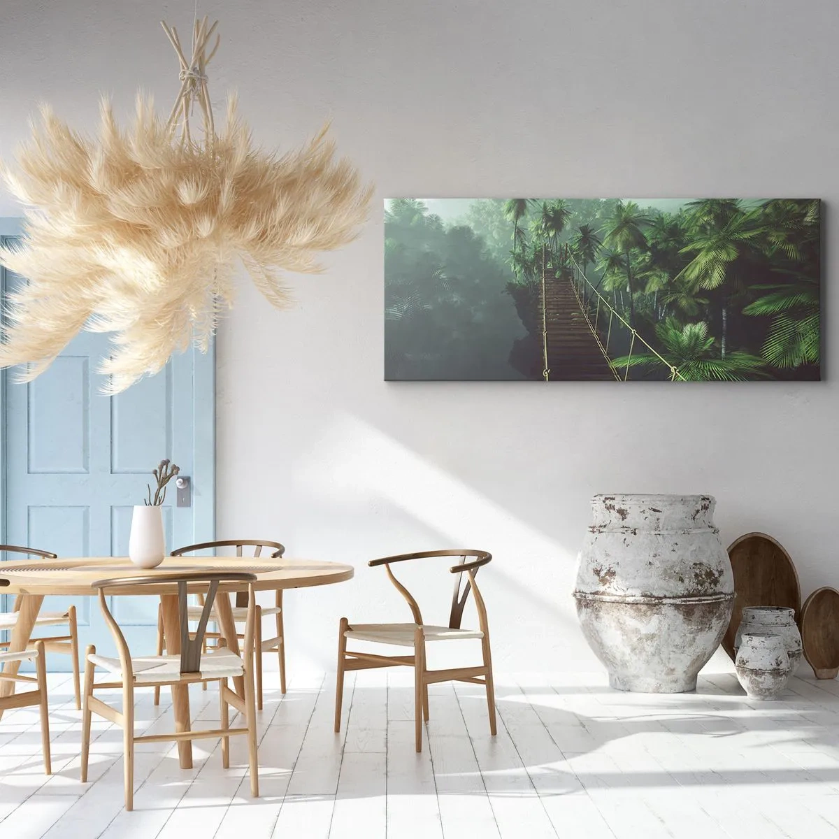 Bild auf Leinwand - Leinwandbild - Eine Hängebrücke in einem tropischen Wald, umgeben von Nebel. - 120x50cm - Über der Brandung des Grüns - Moderne Wanddekoration für Wohnzimmer und Schlafzimmer ARTTOR