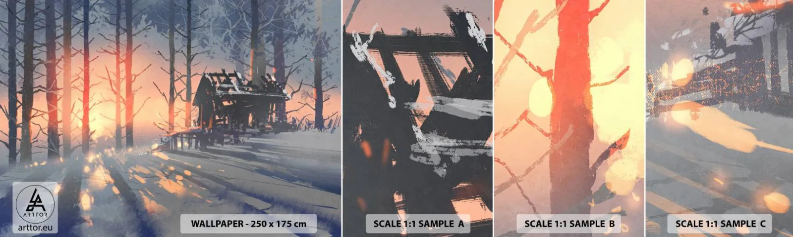 Fototapeten Muster Selbstklebend Deluxe Sticker - Hier sieht nur die Sonne rein - Landschaft, Waldhütte, Wald - 100x30 cm