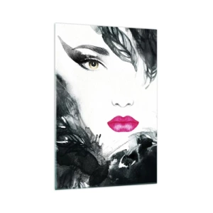 Glasbild - Bild auf glas - Künstlerisches Porträt einer Frau mit intensiv rosa Lippen - 70x100cm - Beachtung! Femme fatale - Moderne Wanddekoration für Wohnzimmer und Schlafzimmer ARTTOR