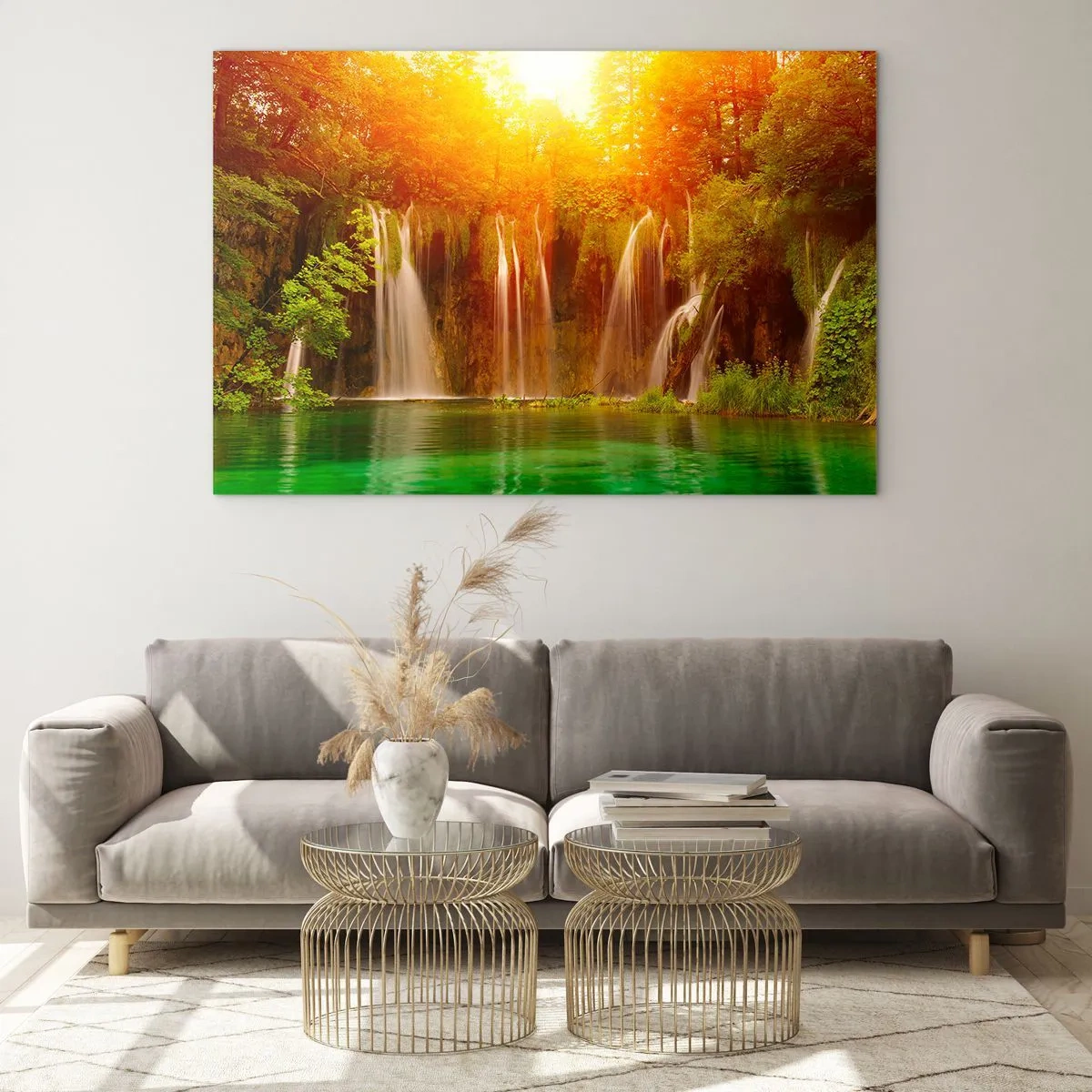 Glasbild - Bild auf glas - Wasserfälle in einem sonnigen Wald mit türkisfarbenem Wasser - 120x80cm - In der Sonne und im Schatten - Moderne Wanddekoration für Wohnzimmer und Schlafzimmer ARTTOR