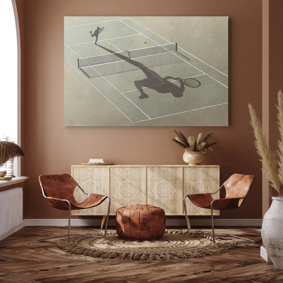 Bild auf Leinwand - Leinwandbild - Der Schatten eines Tennisspielers auf dem Platz während eines Tennisspiels - 70x50cm - Überwinde dich selbst - Moderne Wanddekoration für Wohnzimmer und Schlafzimmer ARTTOR
