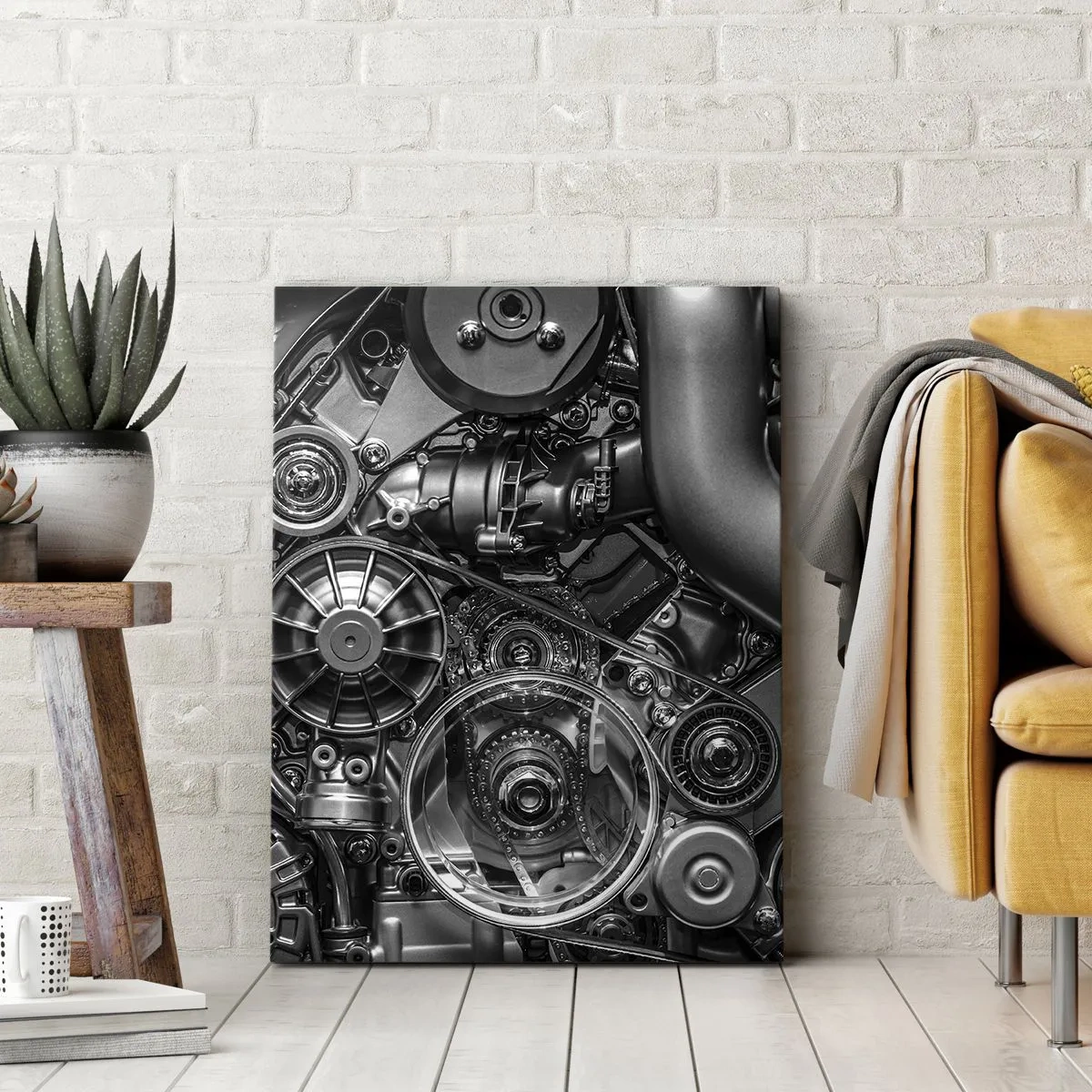 Bild auf Leinwand - Leinwandbild - Schwarz-Weiß-Nahaufnahme der mechanischen Details eines Automotors. - 80x120cm - Die Poesie der Mechanik - Moderne Wanddekoration für Wohnzimmer und Schlafzimmer ARTTOR