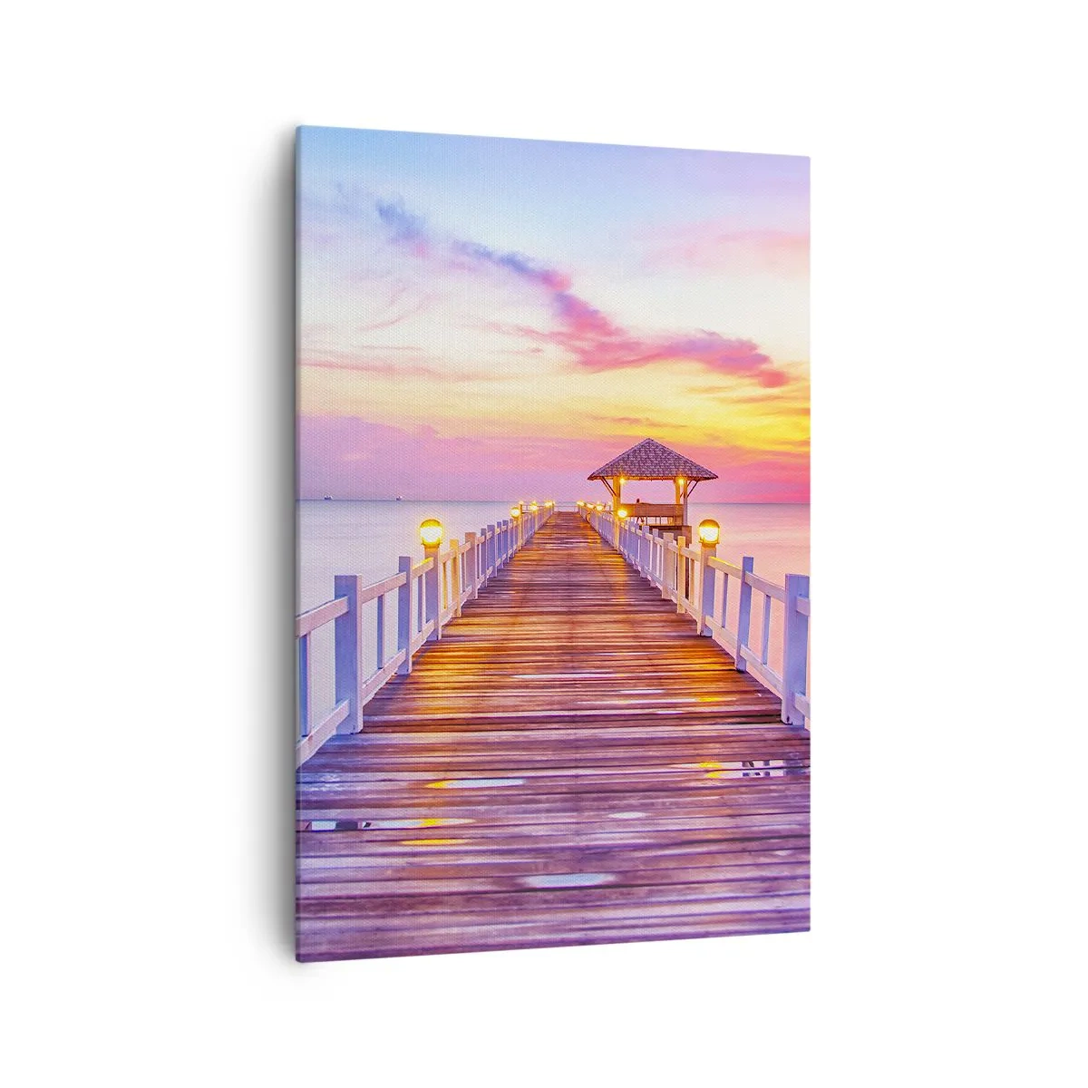 Bild auf Leinwand - Leinwandbild - Ein Pier über dem Wasser bei Sonnenuntergang in Pastellfarben - 70x100cm - Die lila-goldene Stille des Abends - Moderne Wanddekoration für Wohnzimmer und Schlafzimmer ARTTOR