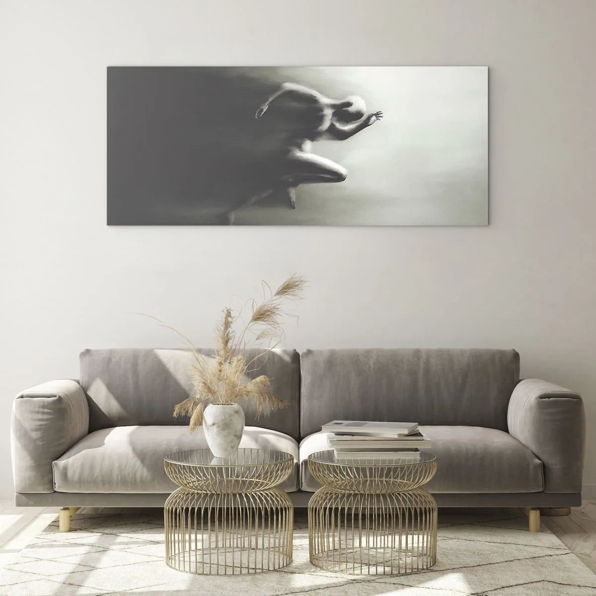 Glasbild - Bild auf glas - Eine schwarz-weiße Silhouette einer laufenden Figur in einem dynamischen und surrealen Stil. - 160x50cm - Unwiderstehlich - Moderne Wanddekoration für Wohnzimmer und Schlafzimmer ARTTOR