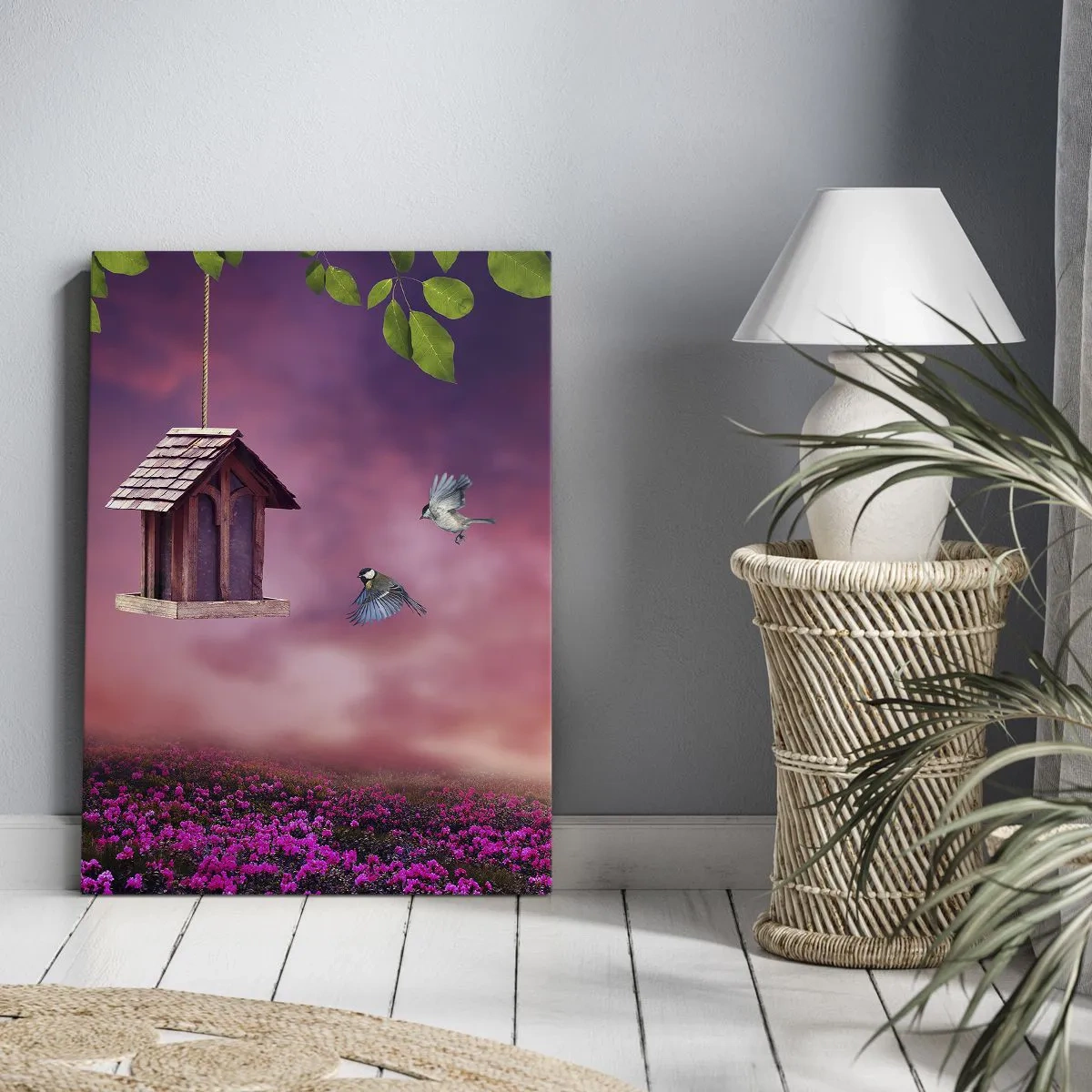 Bild auf Leinwand - Leinwandbild - Eine malerische Landschaft mit einem Vogelhaus und einem Sonnenuntergang - 80x120cm - Einladung zum Abendessen - Moderne Wanddekoration für Wohnzimmer und Schlafzimmer ARTTOR