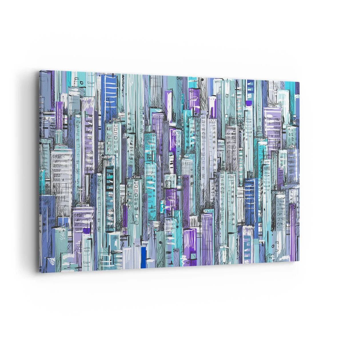 Bild auf Leinwand - Leinwandbild - Illustration einer Stadt mit geometrischen Gebäuden in Blau- und Lilatönen. - 100x70cm - Bläulich von dem Himmel - Moderne Wanddekoration für Wohnzimmer und Schlafzimmer ARTTOR