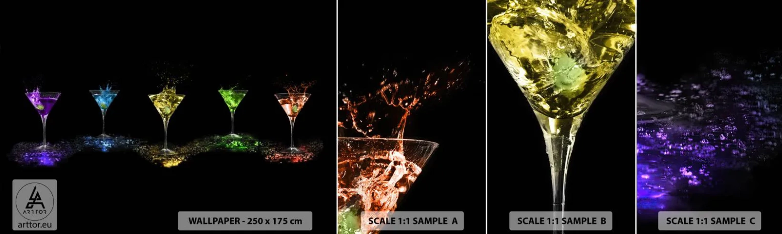 Fototapetenmuster Standard Eco - Farben der Freude in Kristallglas - Gastronomie, Cocktail, Buntes Getränk - 100x30 cm