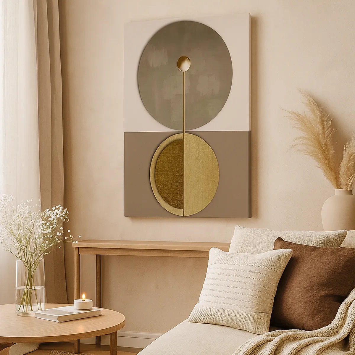 Bild auf Leinwand - Leinwandbild - Abstrakte Kreise in Gold- und Beigetönen - 50x70cm - Perfekte Balance - Moderne Wanddekoration für Wohnzimmer und Schlafzimmer ARTTOR