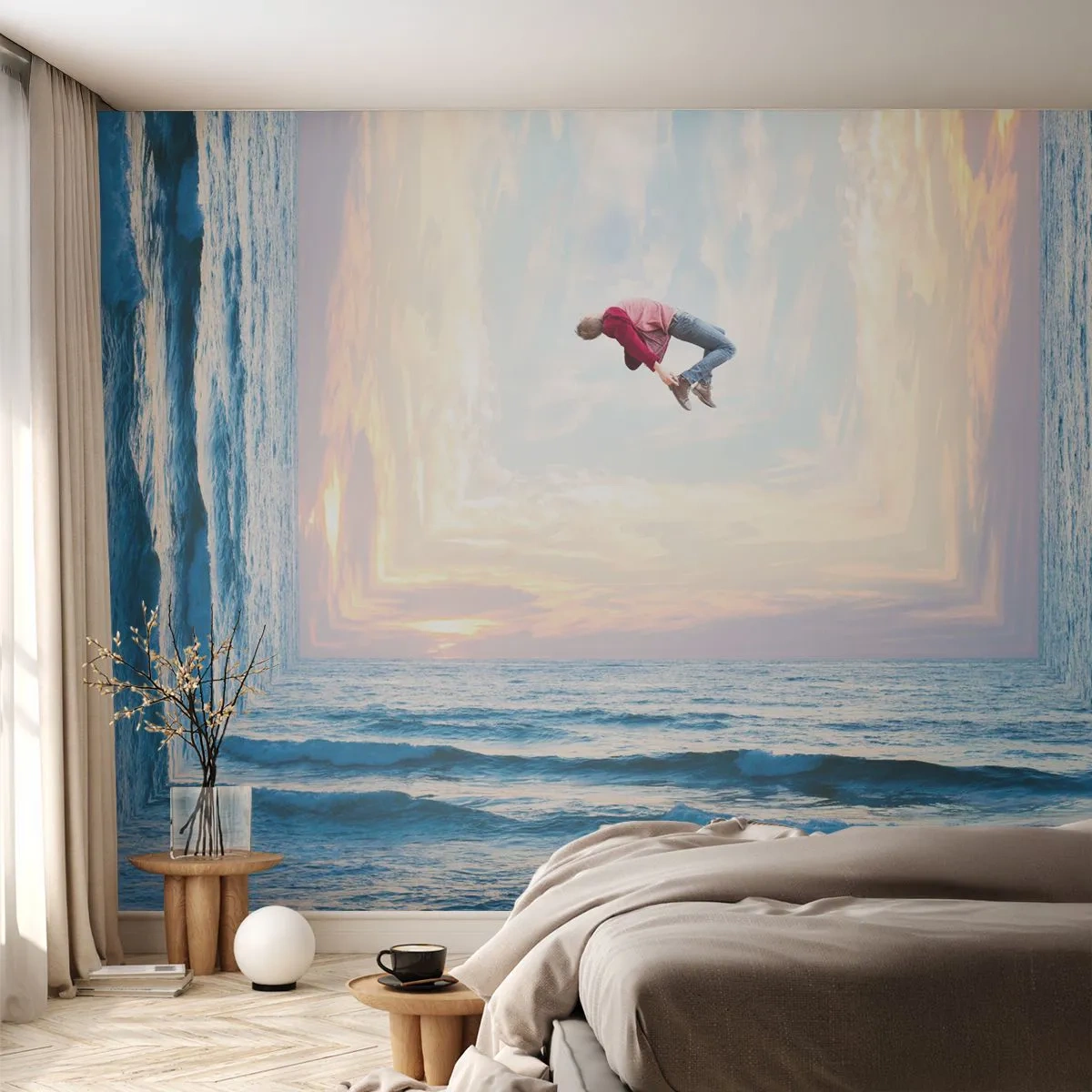 Fototapete Premium Sand - Ein Mann springt in eine surreale Meeres- und Himmelslandschaft. - 100x70cm - In eine andere Dimension - Moderne Wanddekoration für Wohnzimmer und Schlafzimmer ARTTOR