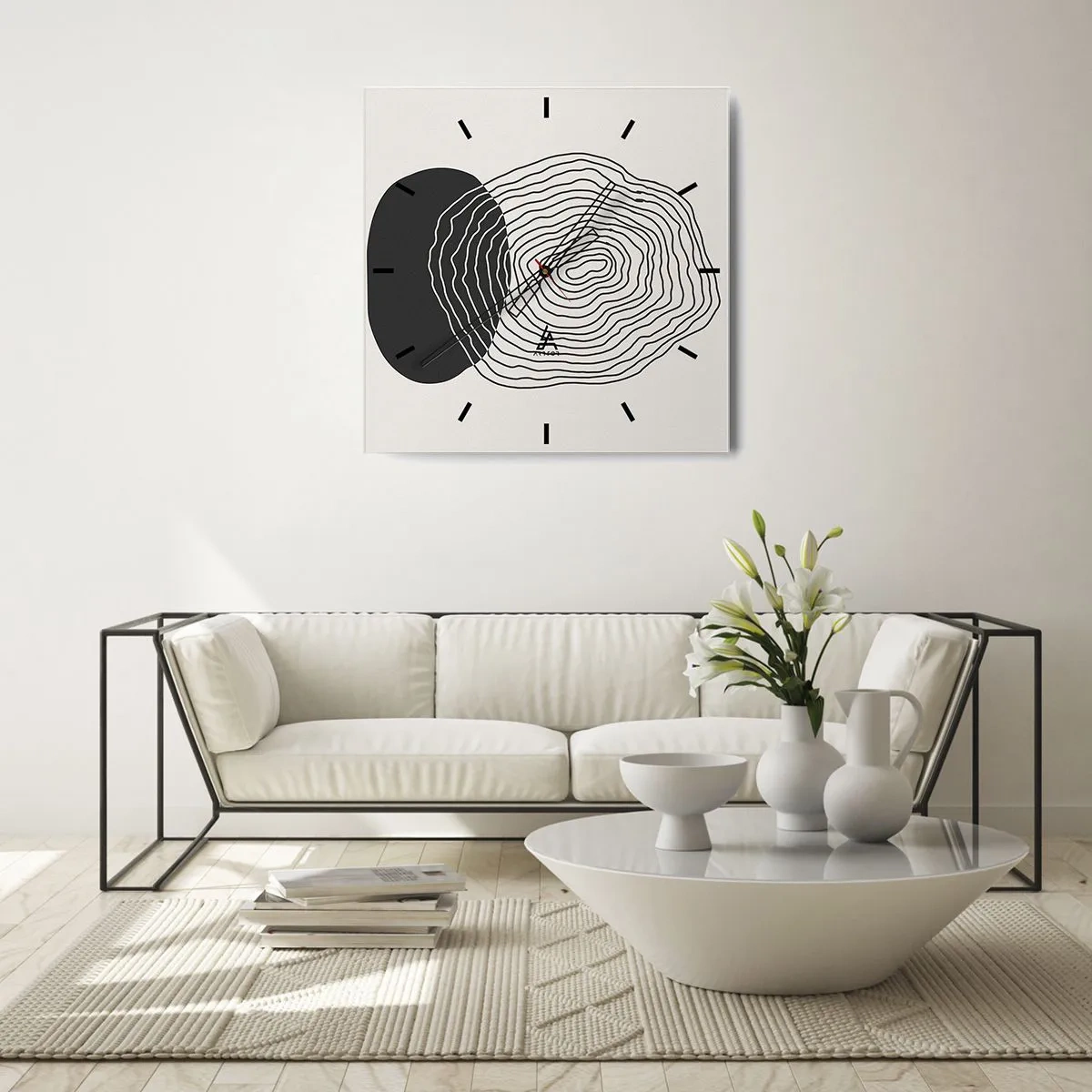 Wanduhr - Glasuhr - Abstraktes Muster mit Linien und Formen in Schwarz und Weiß - 30x30cm - Dauer und Schwingung - Moderne Wanddekoration für Wohnzimmer und Schlafzimmer ARTTOR