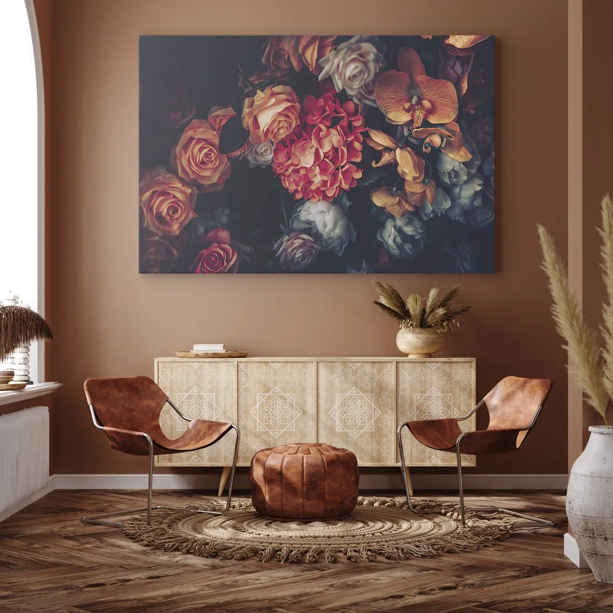 Bild auf Leinwand - Leinwandbild - Ein Strauß verschiedener Blumen in dunklen Tönen - 100x70cm - Wie bei den holländischen Meistern - Moderne Wanddekoration für Wohnzimmer und Schlafzimmer ARTTOR