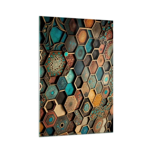 Glasbild - Bild auf glas - Bunte Ornamente in sechseckigen Mustern - 70x100cm - Arabische Ornamente – Variation - Moderne Wanddekoration für Wohnzimmer und Schlafzimmer ARTTOR