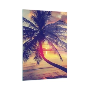 Glasbild - Bild auf glas - Palme bei Sonnenuntergang über einem ruhigen Meer - 50x70cm - Abend unter Palmen - Moderne Wanddekoration für Wohnzimmer und Schlafzimmer ARTTOR