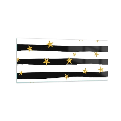 Glasbild - Bild auf glas - Schwarz-weiße Streifen mit goldenen Sternen - 120x50cm - Wir wurden alle unter einem glücklichen Stern geboren - Moderne Wanddekoration für Wohnzimmer und Schlafzimmer ARTTOR
