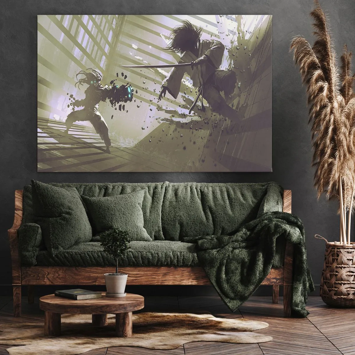 Bild auf Leinwand - Leinwandbild - Dynamischer Kampf zwischen zwei Charakteren im futuristischen Stil - 70x50cm - Und du kannst ein Samurai sein - Moderne Wanddekoration für Wohnzimmer und Schlafzimmer ARTTOR