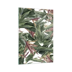 Glasbild - Bild auf glas - Ein dekoratives Blattmotiv in Grün- und Burgundertönen auf hellem Hintergrund - 80x120cm - Smaragd-lila Dickicht - Moderne Wanddekoration für Wohnzimmer und Schlafzimmer ARTTOR