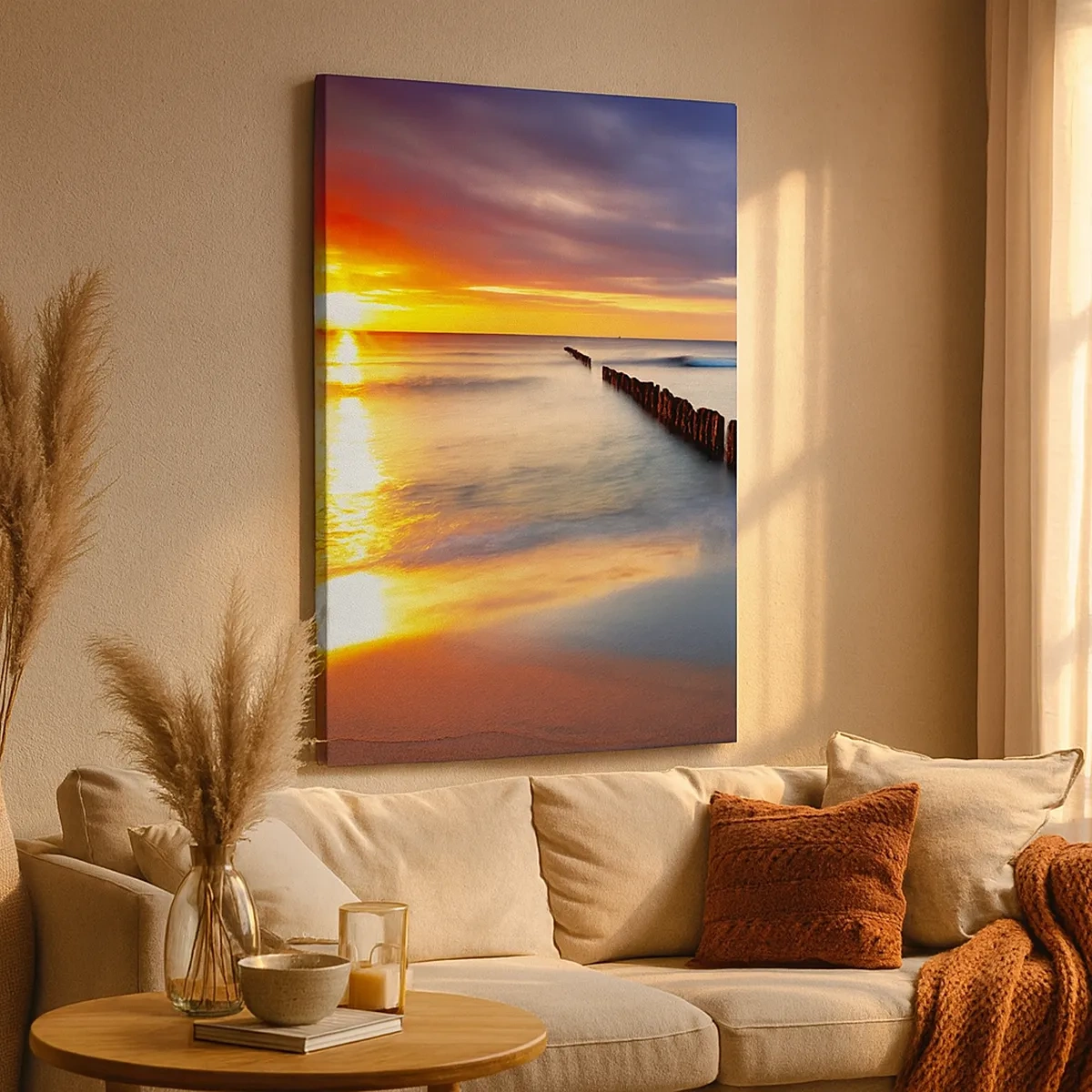 Bild auf Leinwand - Leinwandbild - Sonnenuntergang über dem Meer mit einem Wellenbrecher im Vordergrund - 50x70cm - Lausche der Stille - Moderne Wanddekoration für Wohnzimmer und Schlafzimmer ARTTOR