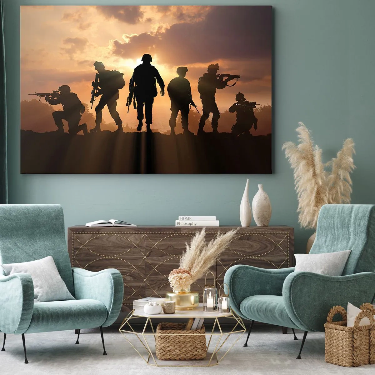 Bild auf Leinwand - Leinwandbild - Soldaten vor dem Hintergrund der untergehenden Sonne in einer dynamischen Umgebung - 100x70cm - Waffenbrüder - Moderne Wanddekoration für Wohnzimmer und Schlafzimmer ARTTOR