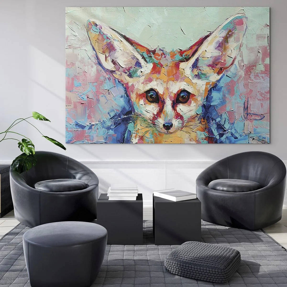 Glasbild - Bild auf glas - Farbenfrohes Porträt eines Fuchses mit ausdrucksstarken Augen und kräftigen Pinselstrichen - 70x50cm - Bist du bereit für mich? - Moderne Wanddekoration für Wohnzimmer und Schlafzimmer ARTTOR