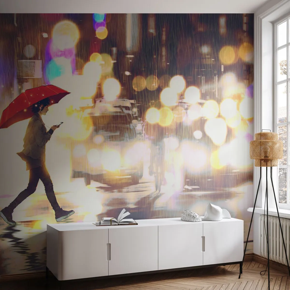 Selbstklebende Fototapete Deluxe Sticker - Und doch sonnig - Stadt, Im Regen spazieren gehen, Regenschirm - 400x280 cm