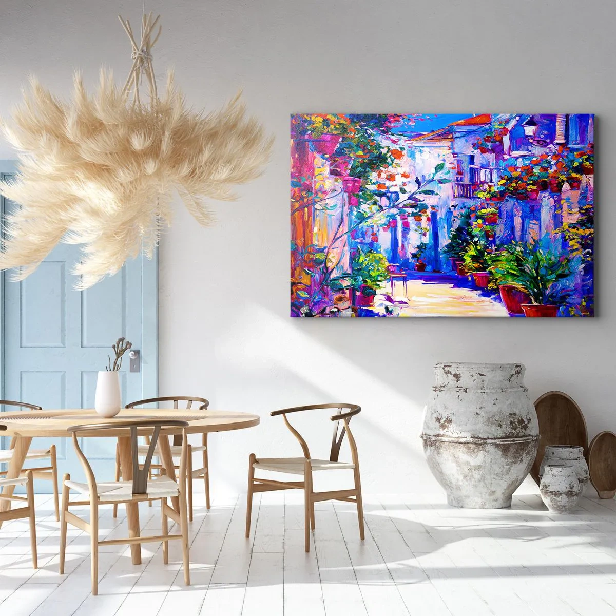 Bild auf Leinwand - Leinwandbild - Eine bunte Straße voller Blumen - 70x50cm - Impresja - eine italienische Straße - Moderne Wanddekoration für Wohnzimmer und Schlafzimmer ARTTOR