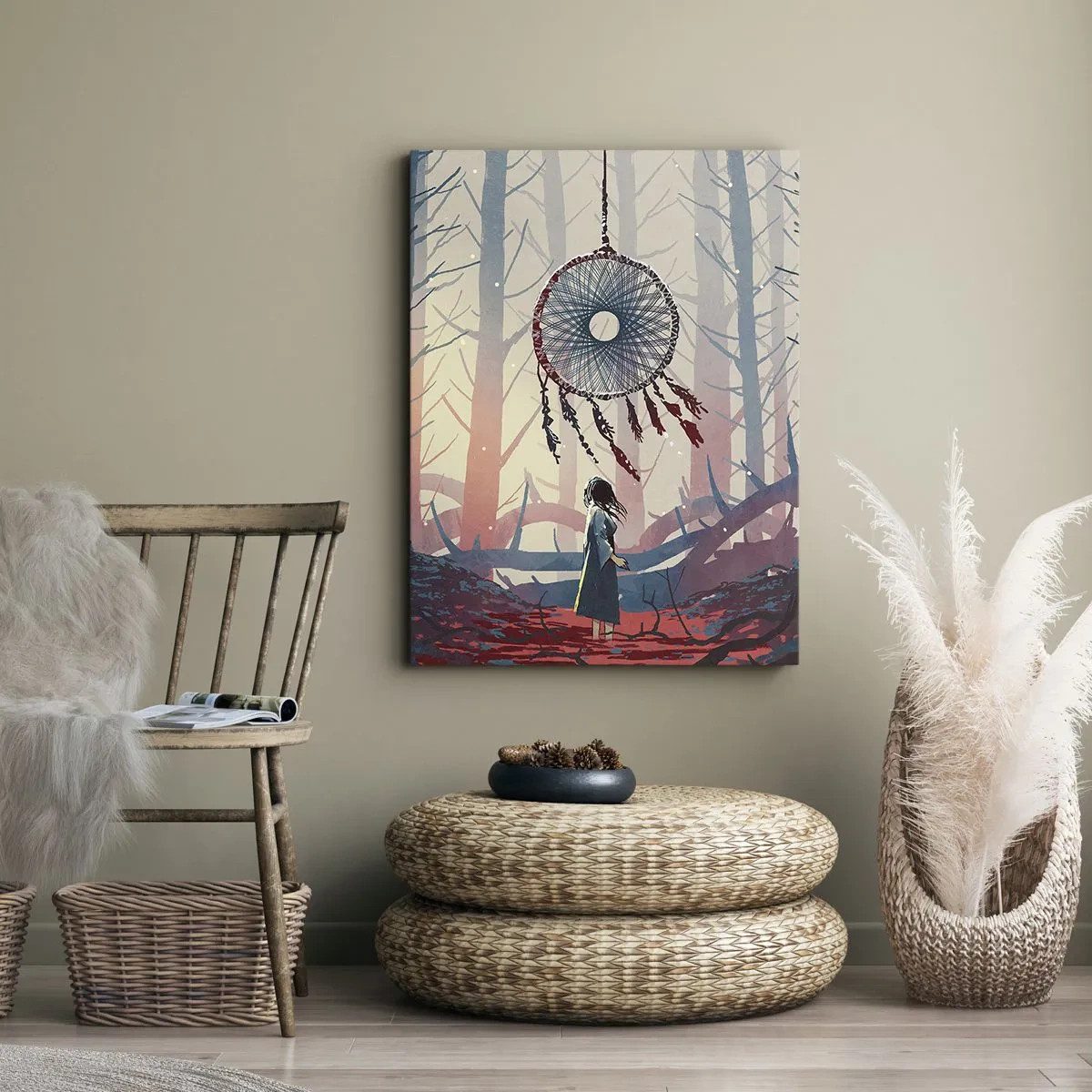Bild auf Leinwand - Leinwandbild - Waldszene mit riesigem Traumfänger - 50x70cm - Geheimes Glücksritual - Moderne Wanddekoration für Wohnzimmer und Schlafzimmer ARTTOR
