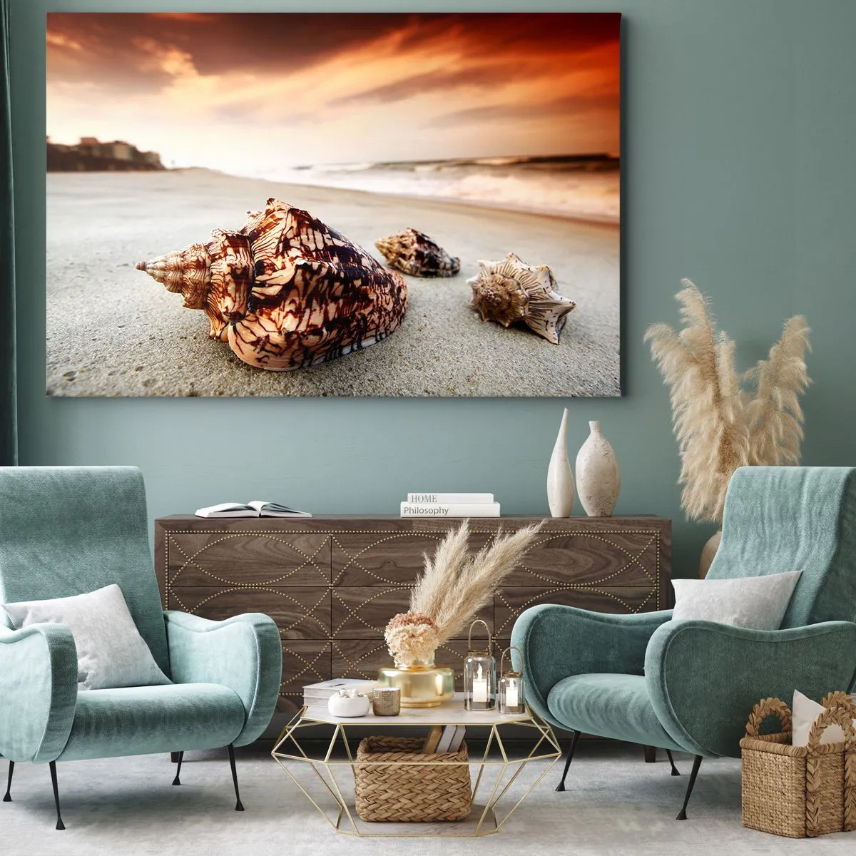 Bild auf Leinwand - Leinwandbild - Muscheln am Strand bei Sonnenuntergang - 120x80cm - Ausgestoßene von Wellen - Moderne Wanddekoration für Wohnzimmer und Schlafzimmer ARTTOR