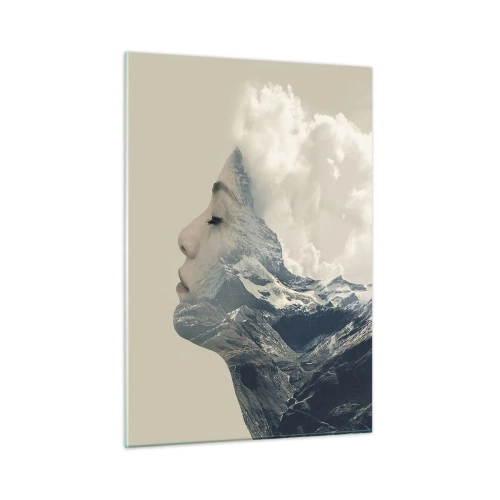 Glasbild - Bild auf glas - Das Profil einer Frau mit einer Landschaft aus Bergen und Wolken im Hintergrund. - 50x70cm - Die Schönheit der Elemente der Natur - Moderne Wanddekoration für Wohnzimmer und Schlafzimmer ARTTOR
