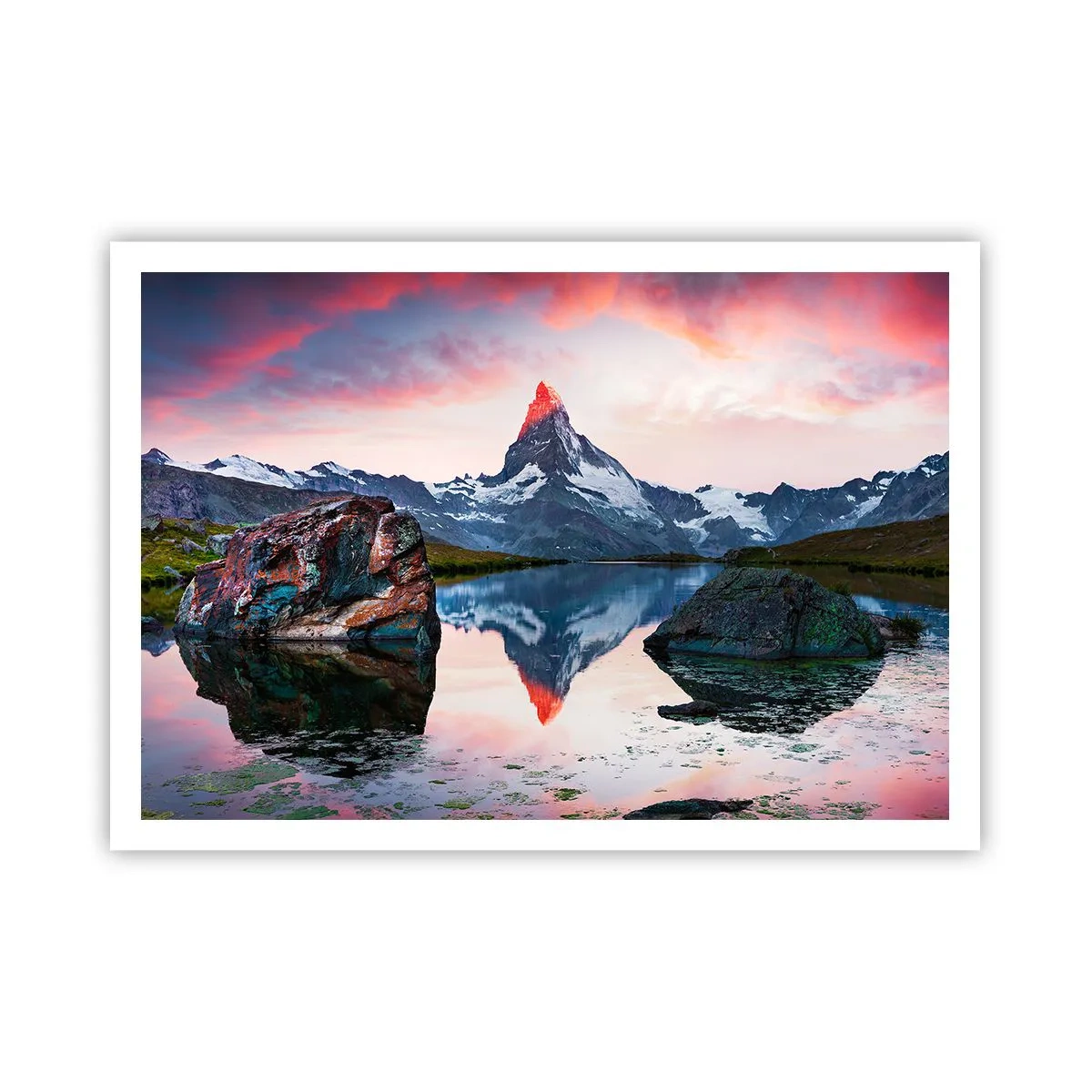 Poster - Ein Berggipfel spiegelt sich bei Sonnenuntergang in einem See - 100x70cm - Das Herz der Berge ist heiß - Moderne Wanddekoration für Wohnzimmer und Schlafzimmer ARTTOR