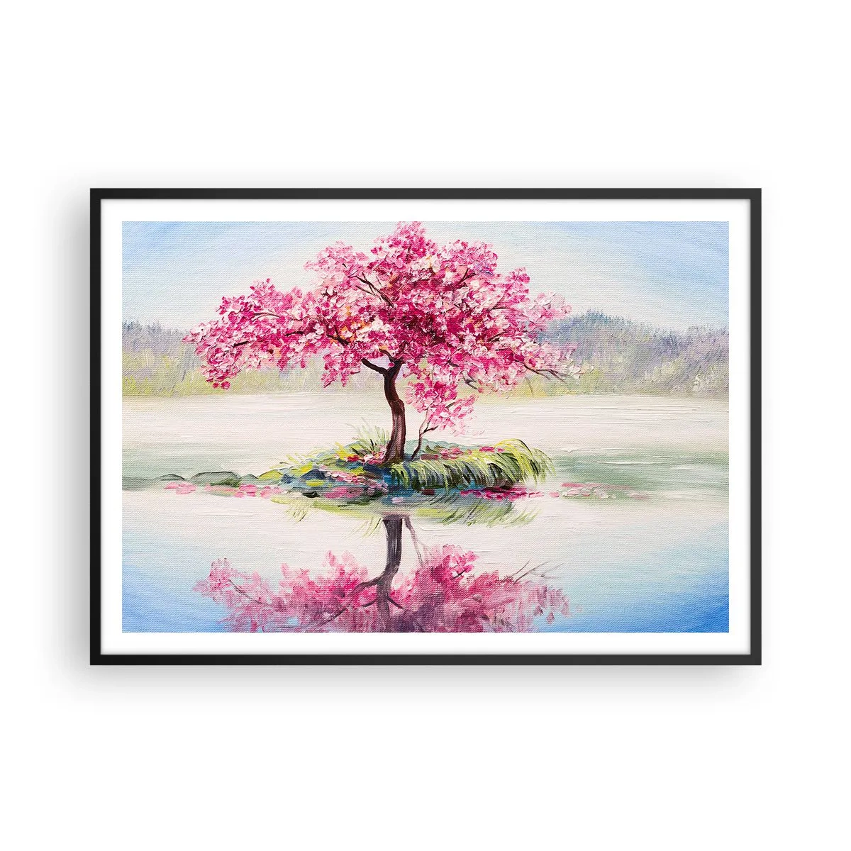 Poster in einem schwarzem Rahmen - Ein blühender Baum auf stillem Wasser - 100x70cm - Der Ritus des Frühlings - Moderne Wanddekoration für Wohnzimmer und Schlafzimmer ARTTOR