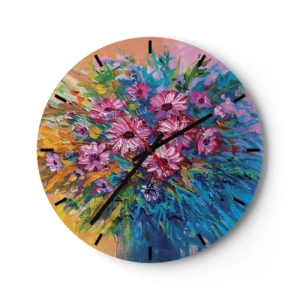 Wanduhr - Glasuhr - Eine Komposition aus bunten Blumen vor einem Hintergrund aus dynamischen Farben - 30x30cm - Lebensenergie - Moderne Wanddekoration für Wohnzimmer, Küche und Schlafzimmer ARTTOR