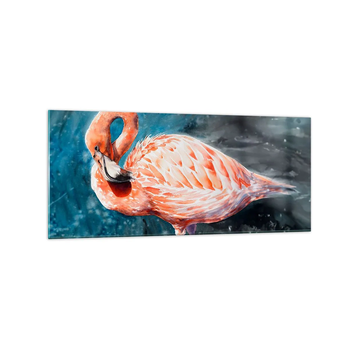 Glasbild - Bild auf glas - Ein rosa Flamingo auf einem aquarellblauen Hintergrund - 120x50cm - Von Natur aus dekorativ - Moderne Wanddekoration für Wohnzimmer und Schlafzimmer ARTTOR