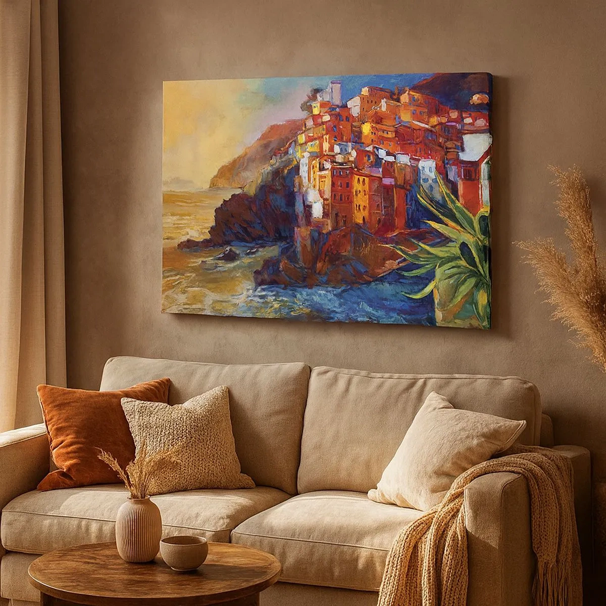 Bild auf Leinwand - Leinwandbild - Bunte Häuser auf einer Klippe über dem Meer - 70x50cm - Italienische Atmosphäre - Moderne Wanddekoration für Wohnzimmer und Schlafzimmer ARTTOR