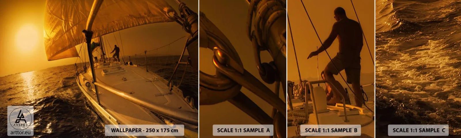 Fototapetenmuster Standard Eco - Ein goldener Abend nach einem bunten Tag - Maritime Studien, Segelboot, Reisen - 100x30 cm