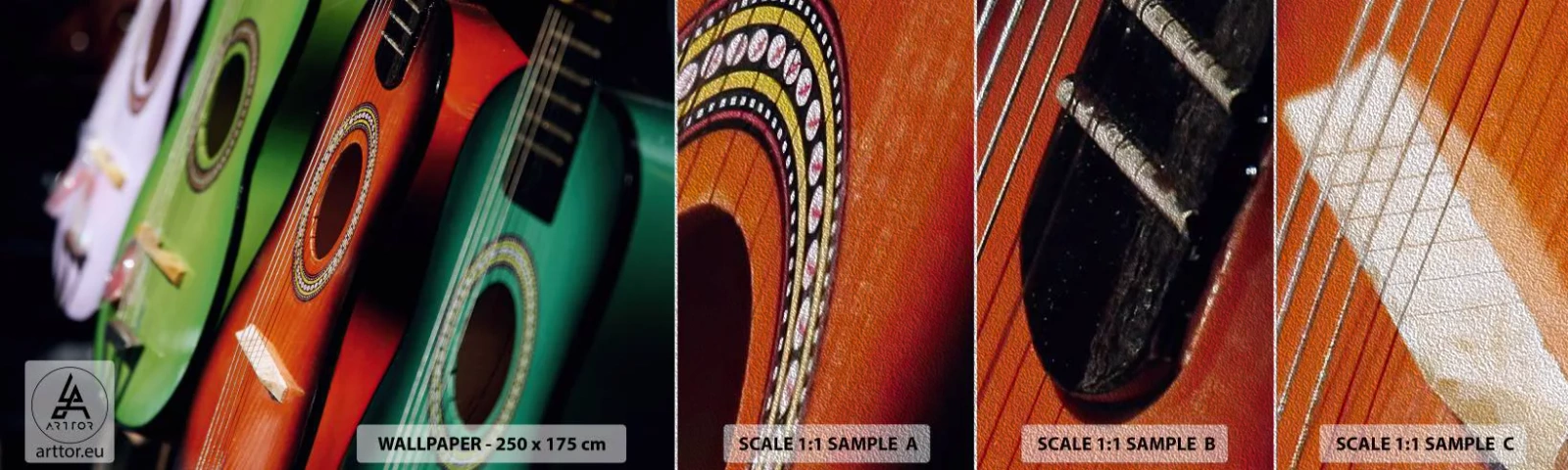 Fototapeten Muster Premium Sand - Die Gitarre hat viele Farben - Musik, Gitarre, Ein Musikinstrument - 100x30 cm