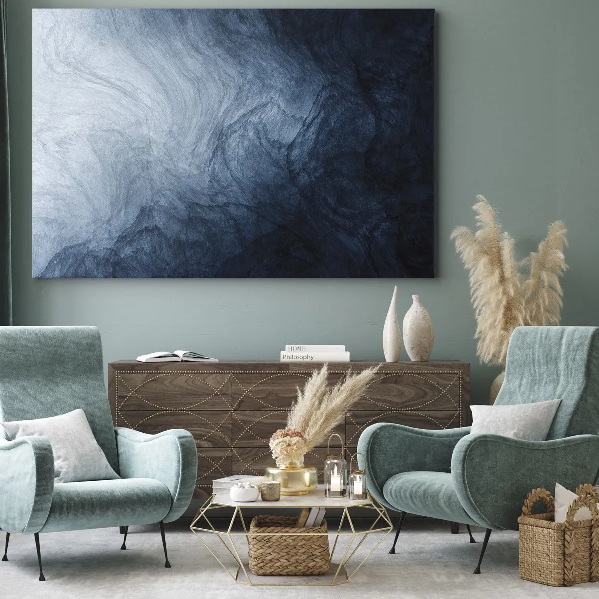 Bild auf Leinwand - Leinwandbild - Eine abstrakte Komposition in Blau- und Marineblautönen. - 120x80cm - Greifen Sie tief - Moderne Wanddekoration für Wohnzimmer und Schlafzimmer ARTTOR