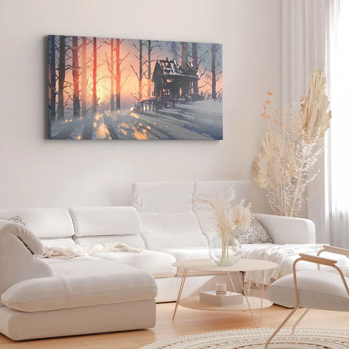 Bild auf Leinwand - Leinwandbild - Ein Waldhäuschen in einer Winterlandschaft mit den Strahlen der untergehenden Sonne - 120x50cm - Hier sieht nur die Sonne rein - Moderne Wanddekoration für Wohnzimmer und Schlafzimmer ARTTOR