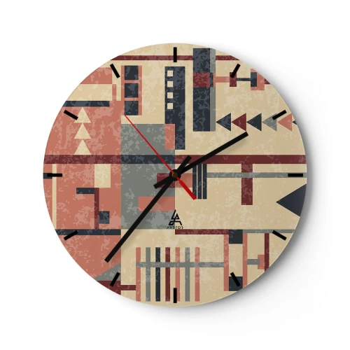 Wanduhr - Glasuhr - Abstraktes geometrisches Muster in Beige-, Rot- und Grautönen - 30x30cm - Eine Kombination aus Vertikalen und Ebenen - Moderne Wanddekoration für Wohnzimmer, Küche und Schlafzimmer ARTTOR