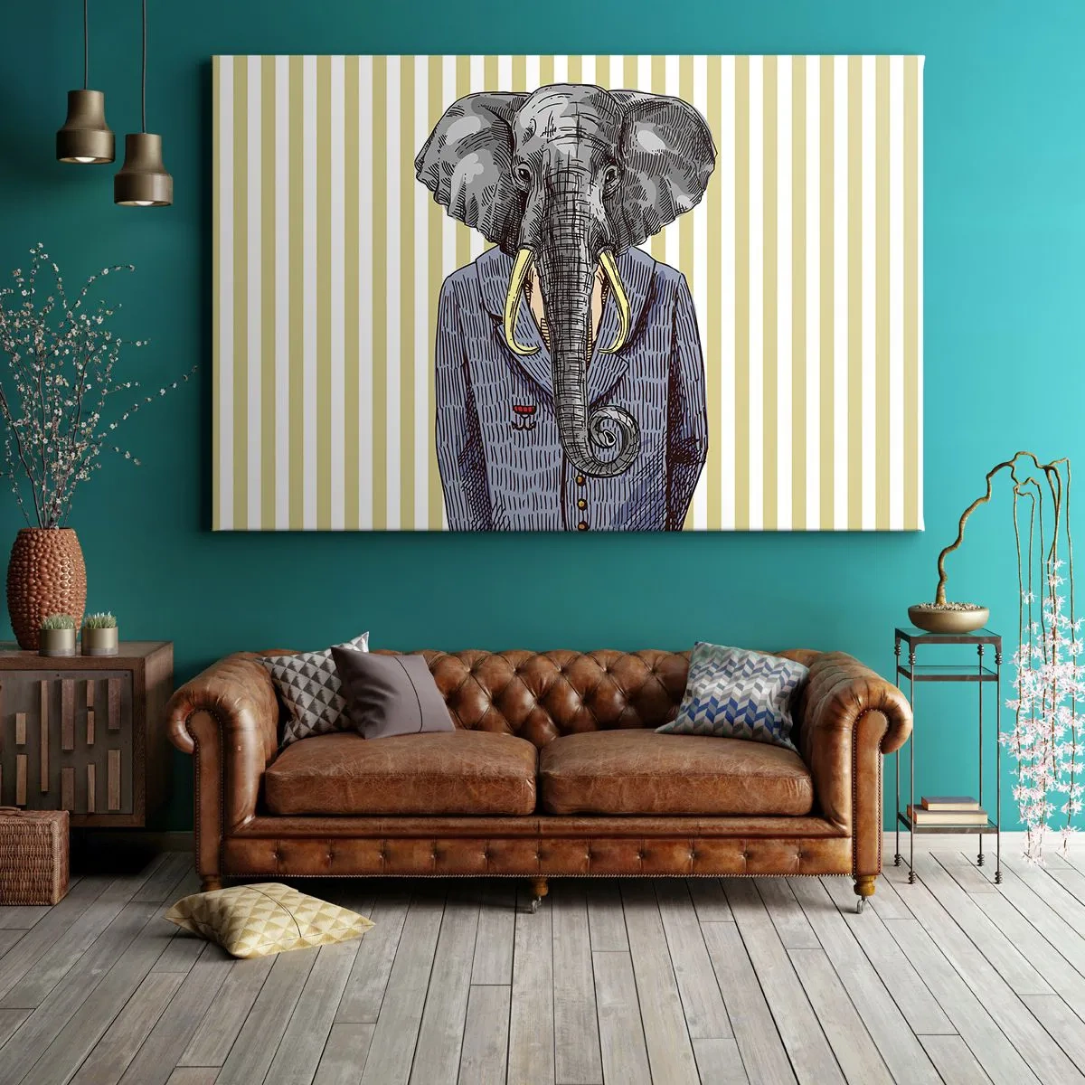 Bild auf Leinwand - Leinwandbild - Ein Elefant im Anzug vor einem Hintergrund aus beigen Streifen - 100x70cm - Von Natur aus elegant - Moderne Wanddekoration für Wohnzimmer und Schlafzimmer ARTTOR